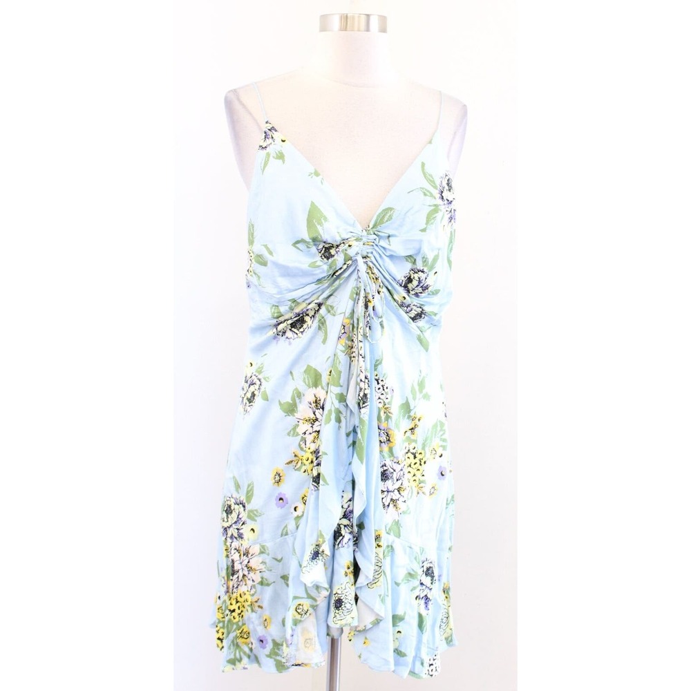 Free People Happy Heart Baby Blue Floral Ruched Mini Dress Size L V Neck
